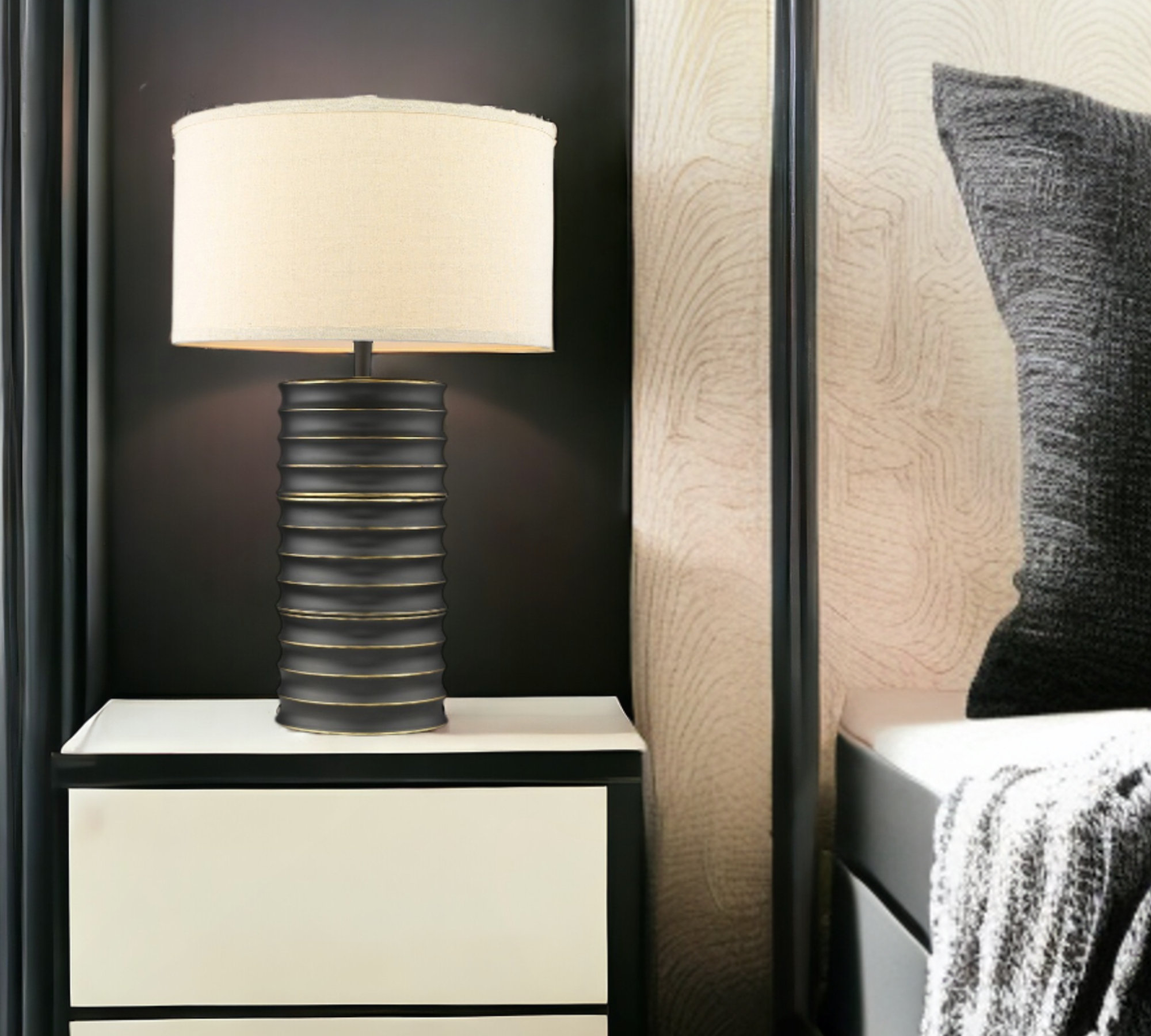 HomeRoots 29" Black Metal Column Lamp With Off White Drum Shade Wayfair